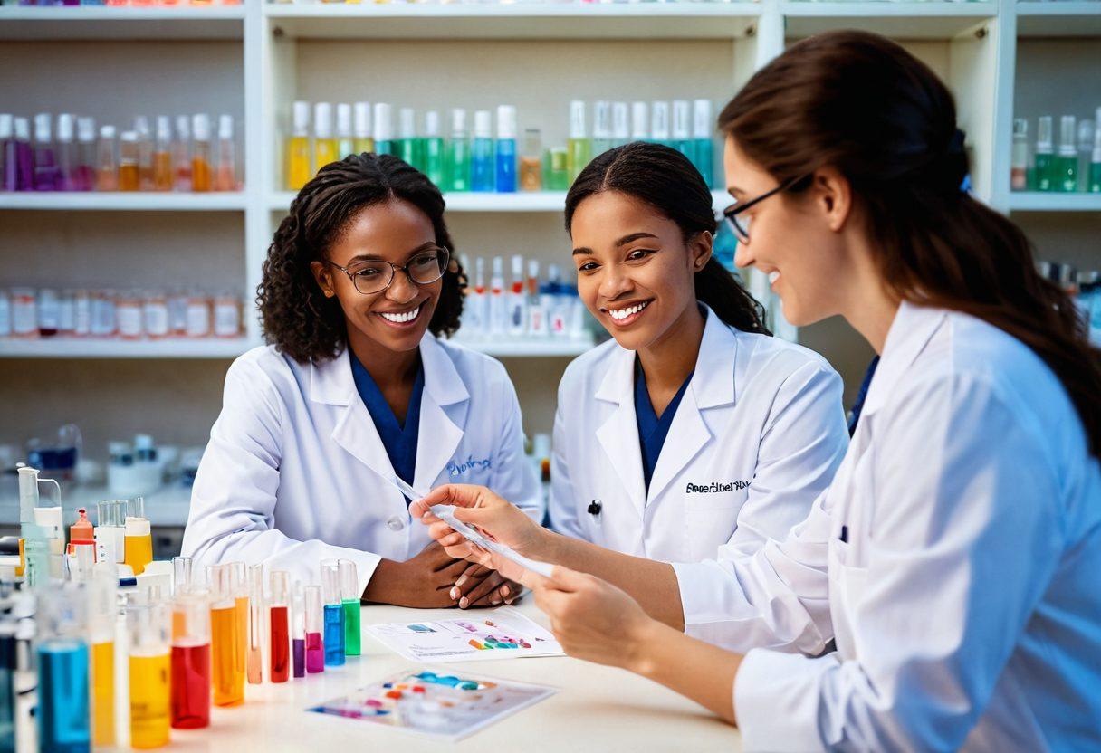 A serene scene depicting a well-lit laboratory with a smiling healthcare professional interacting with a patient, showcasing routine lab tests. Elements of joy like colorful test tubes, happy family photos in the background, and soft, warm lighting that conveys a sense of well-being. The focus should be on a sense of connection and positivity in health. bright colors. super-realistic. soft lighting.