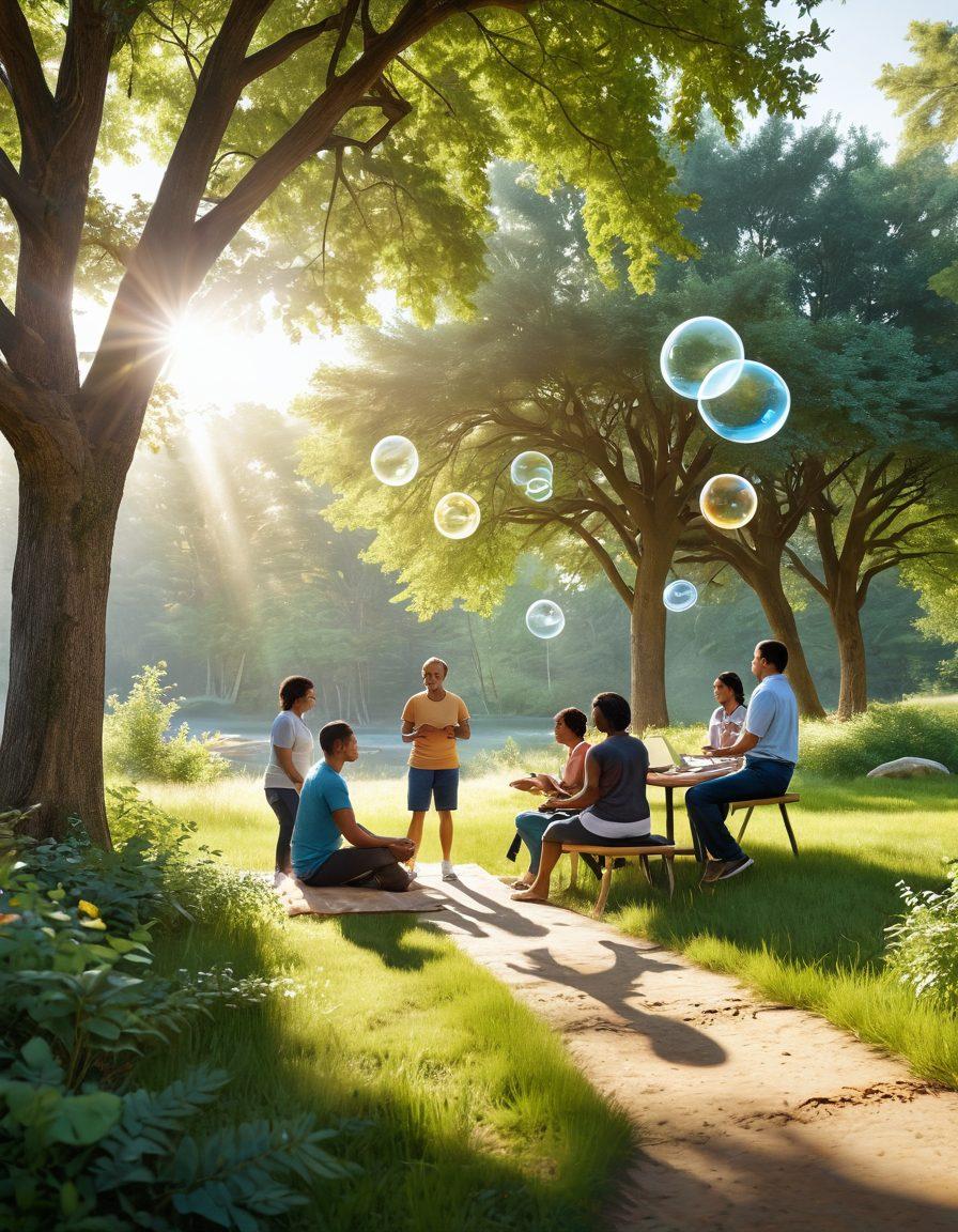 A serene scene depicting a diverse group of individuals engaging in health assessments, surrounded by nature. Incorporate elements like a wellness coach guiding a participant, health charts, and glowing energy bubbles representing vitality. Soft sunlight filtering through trees to evoke tranquility and hope. super-realistic. vibrant colors. 3D.